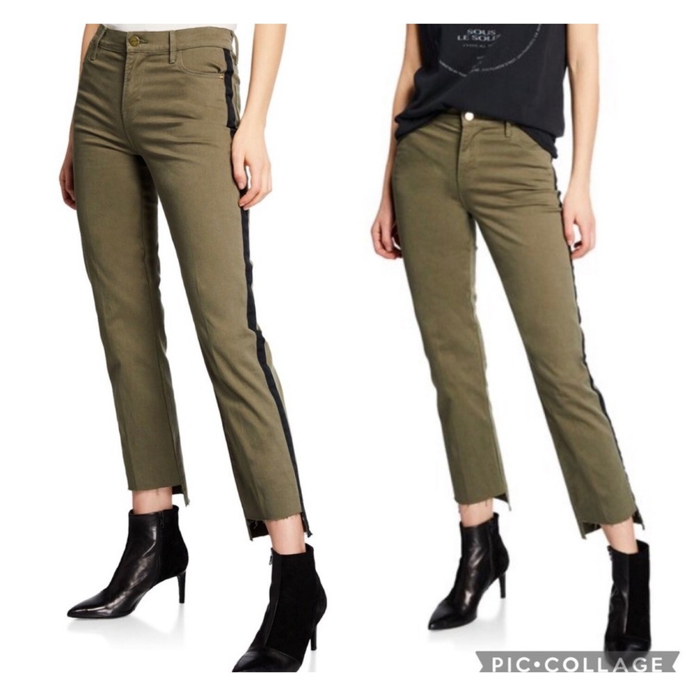 FRAME Denim Le High Straight Raw Stagger Tuxedo Tape Jeans Army Green 28